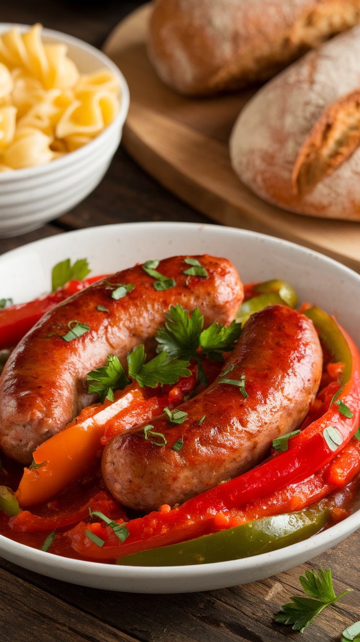 A delicious bowl of slow cooker sausage and peppers with marinara, garnished with parsley, served with pasta and bread.